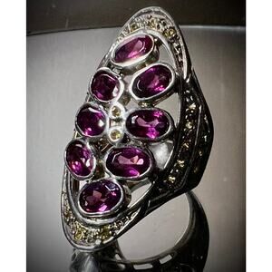 Rhodolite Garnet Citrine 925 Silver Navette Ring Sz 7 12g